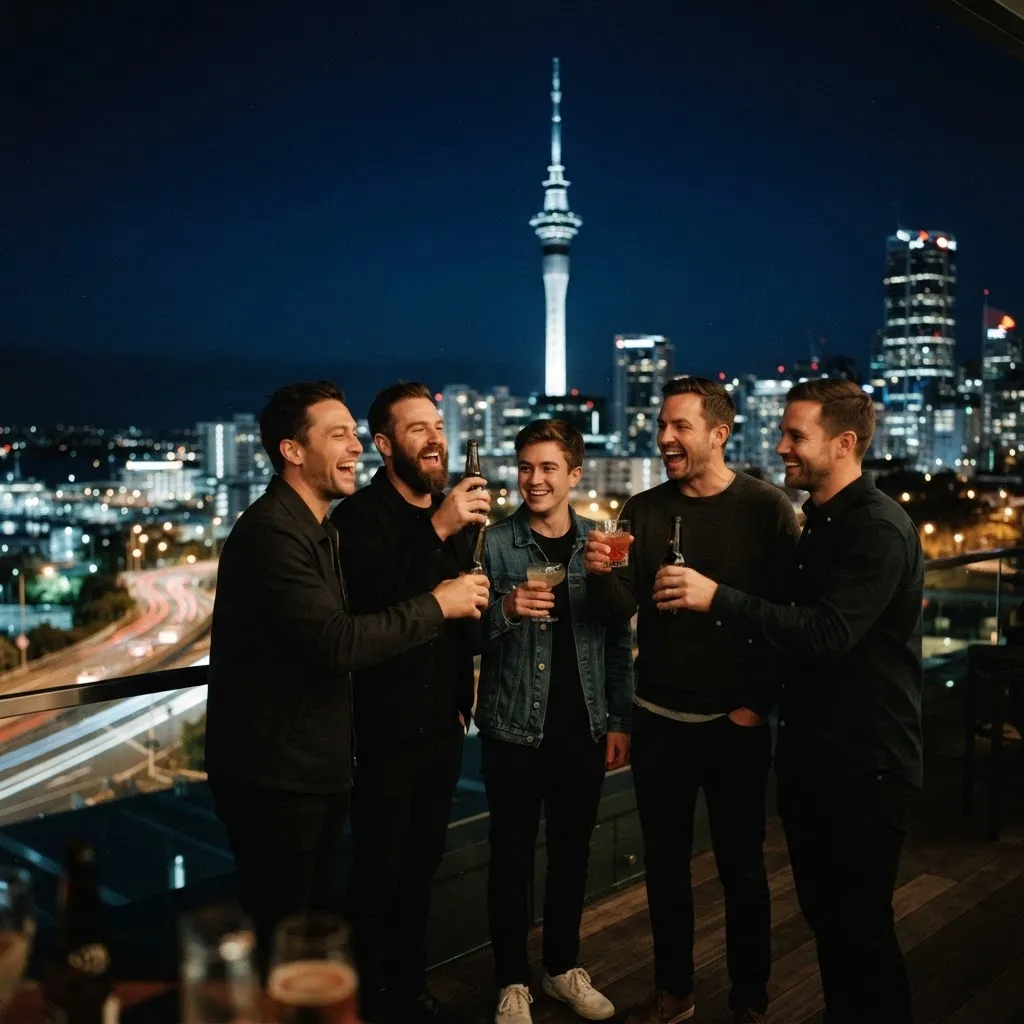 Group of cheerful men celebrating together at night with the Auckland skyline in the background