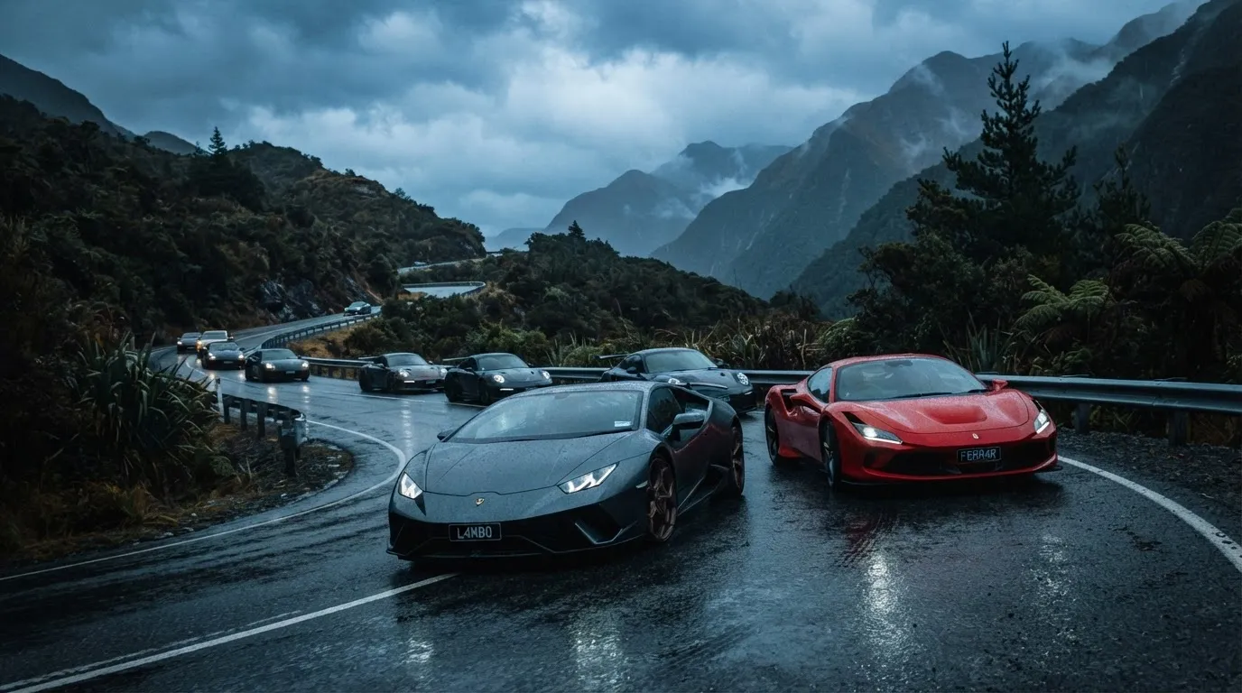 Line of exotic supercars on a dramatic winding New Zealand road with moody overcast sky