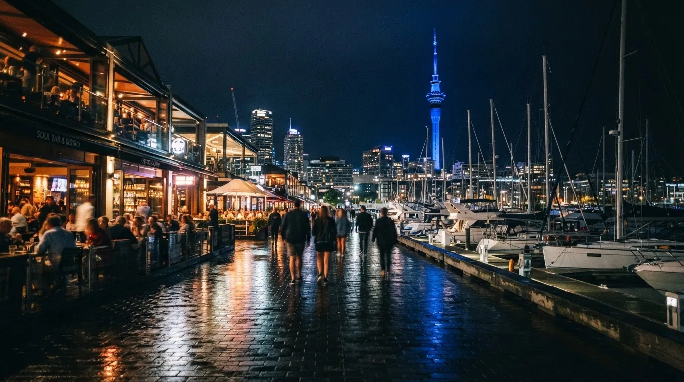 Auckland Viaduct Harbour nightlife scene with premium bars and Sky Tower lit in cobalt blue at night