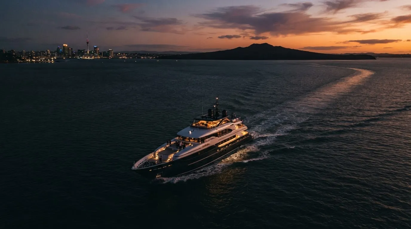 Luxury yacht cruising through Auckland's Waitemata Harbour at sunset with Rangitoto Island in the background