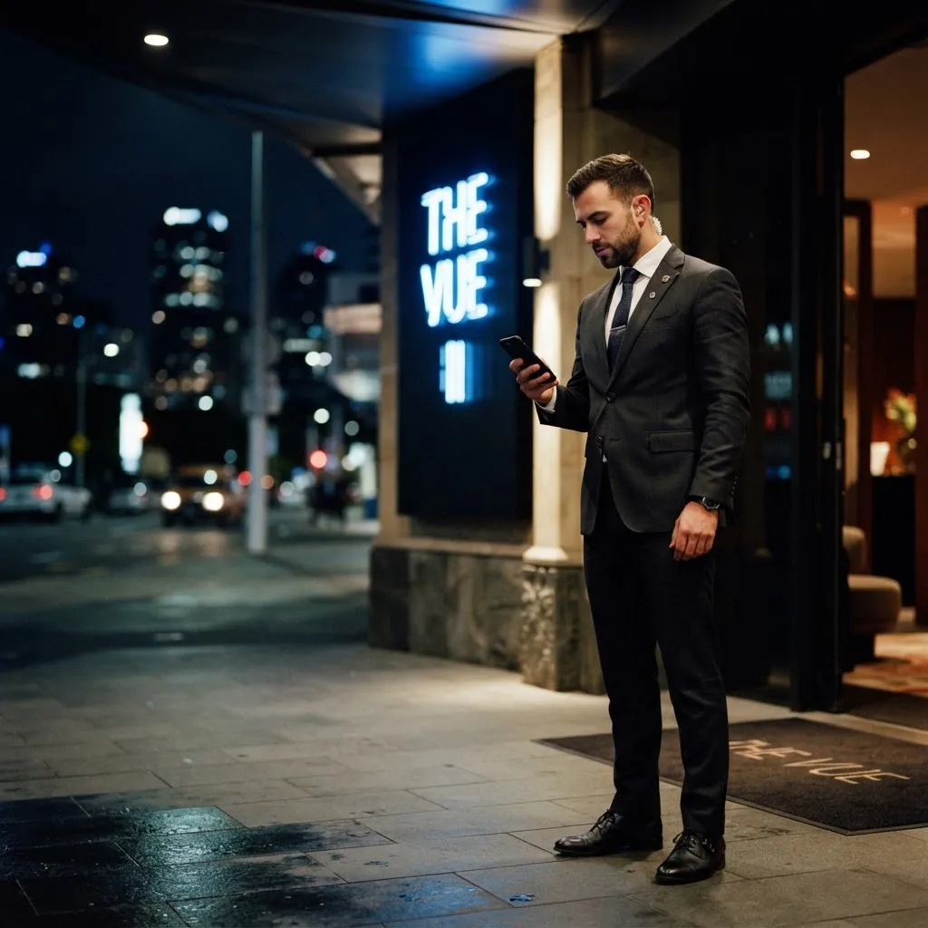 Professional concierge in a dark suit standing at a premium Auckland venue entrance at night with neon signage