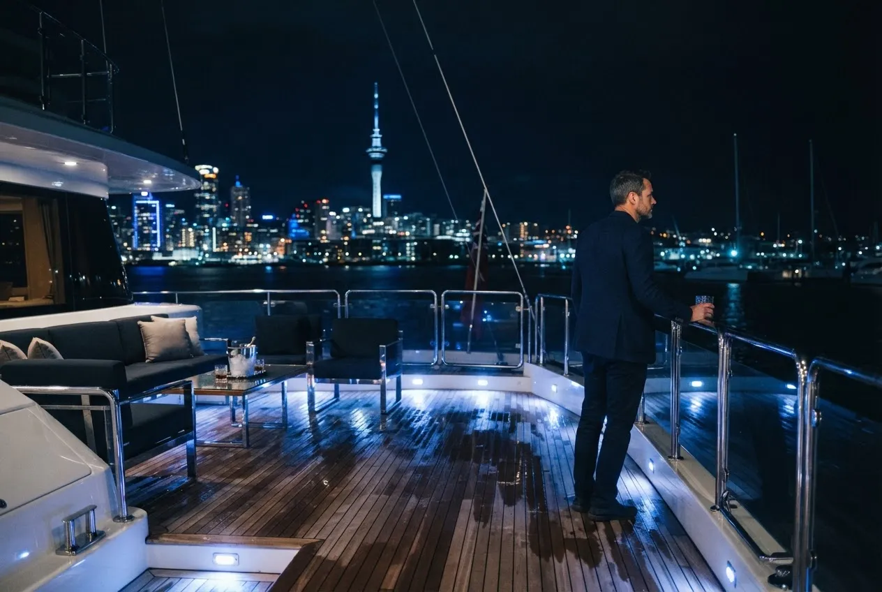 Sleek luxury yacht deck at night with ambient blue lighting and Auckland city skyline
