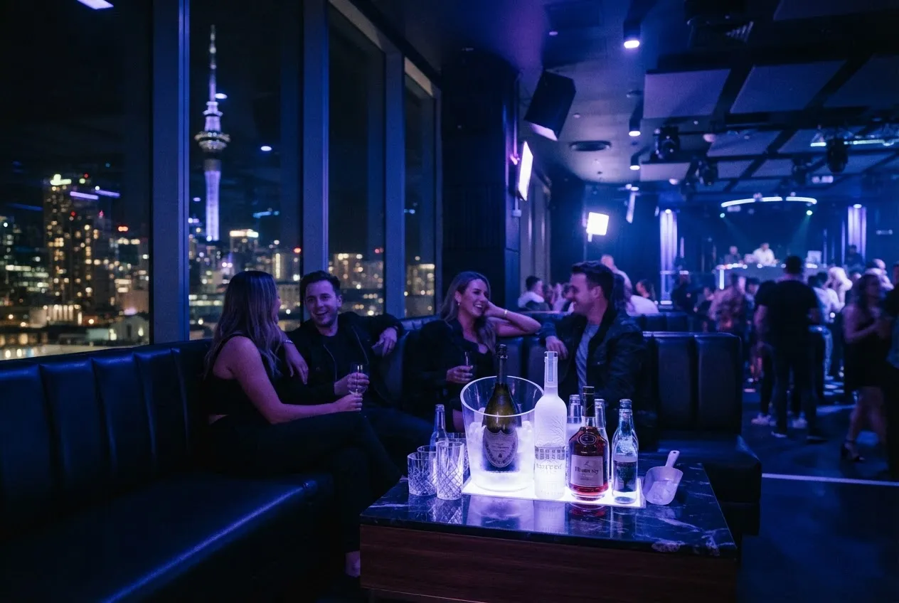 VIP nightclub interior with champagne bottle service, neon cobalt blue and purple lighting, and leather VIP booth