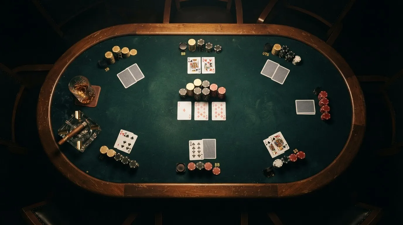 Overhead view of premium poker table with cards dealt, stacked chips, and whiskey tumblers in dramatic lighting